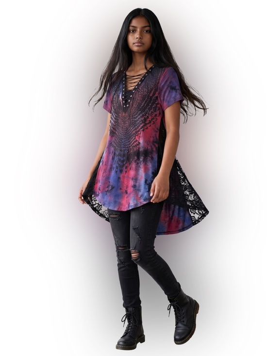 Vocal Tops - Vocal tie-dyed, rhinestone, lace top with eagle print. Size small GUC